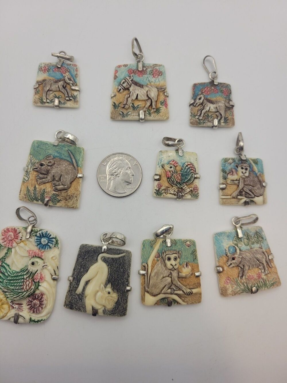 Vintage Hand-Carved Bone Chinese Zodiac Pendant Lot 10pc Sterling Silver READ - Picture 2 of 12